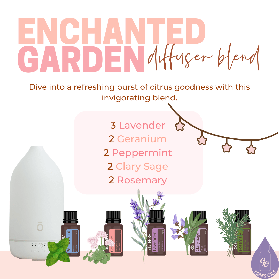 Enchanted Garden Diffuser blend. 3 drops Lavender, 2 drops Geranium, 2 drops Peppermint, 2 drops Clary Sage, 2 drops Rosemary