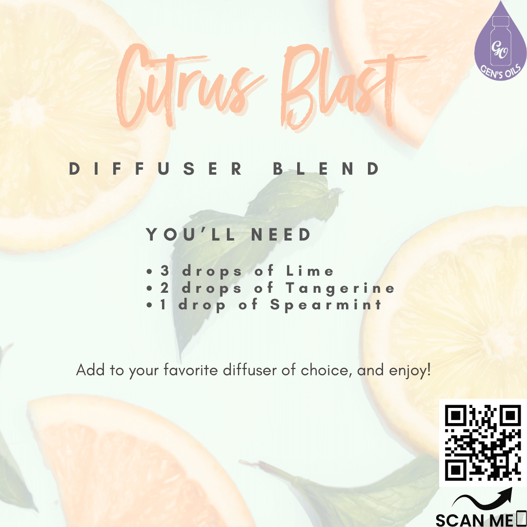 Citrus Blast Diffuser Blend. Scan the QR code to purchase the oils in this blend.