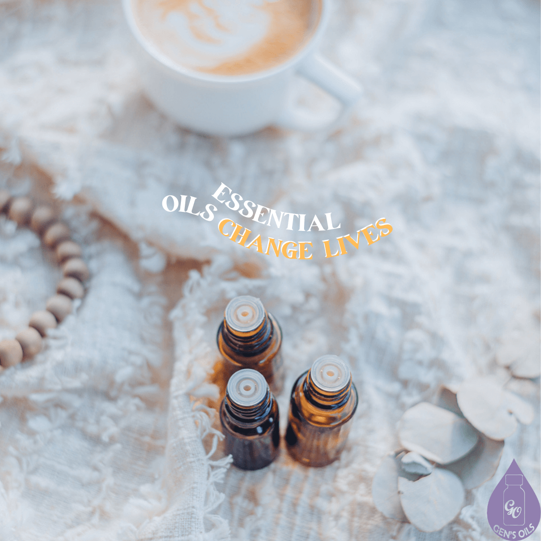 Essential Oils Change Lives. 3 open bottles of essential oils on a tablecloth with a diffuser bracelet & a cup of coffee