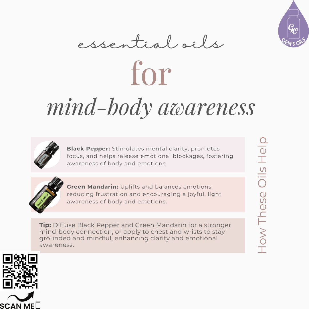 How essential oils help with mind/body awareness—benefits of Black Pepper & Green Mandarin. The QR code opens a link to purchase these essential oils.