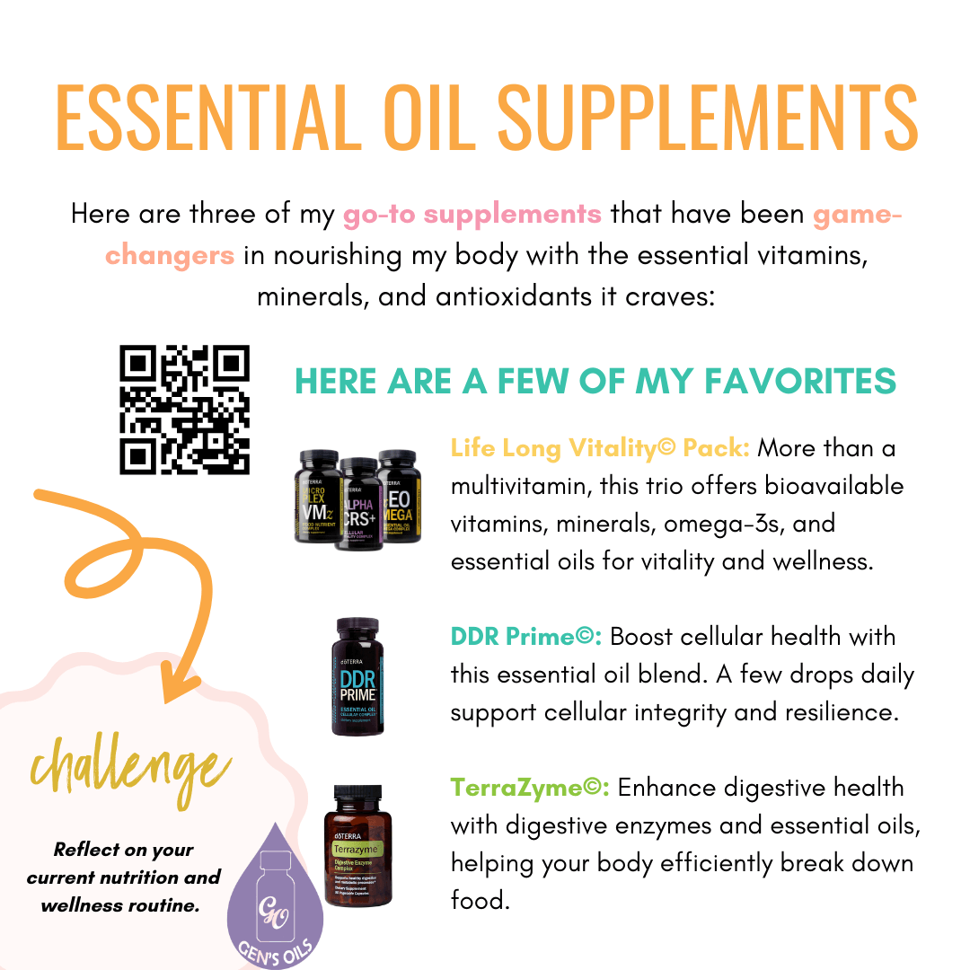 Essential Oils Supplements with bottles of Lifelong Vitality, DDR Prime & Terrazyme. The QR code opens a link to purchase these products as a pack.