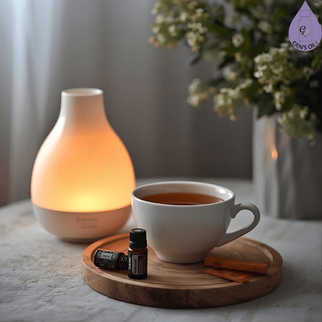 dōTERRA essential oil diffuser and a cup of tea.