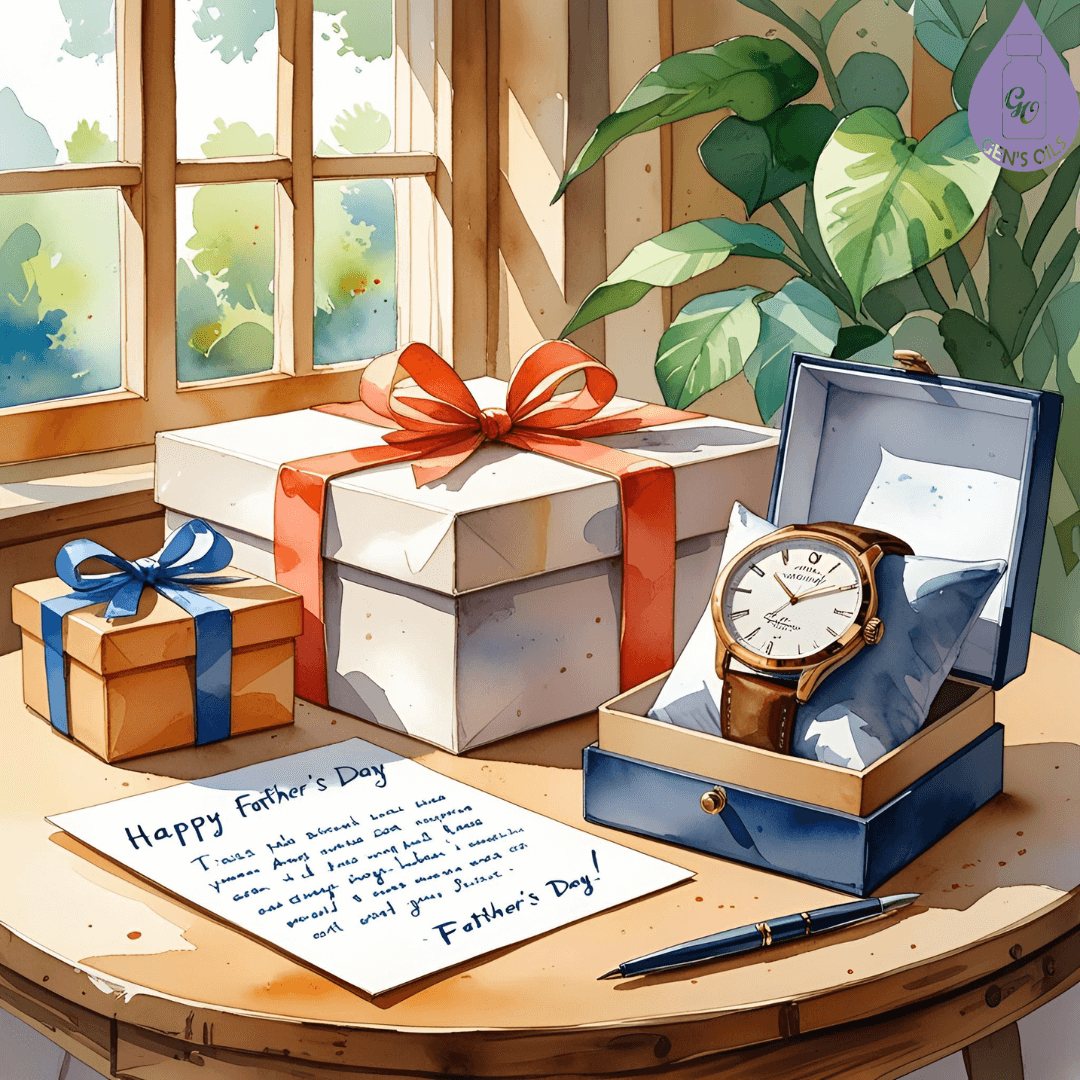 Gifts on a table with a Happy Father's Day note.