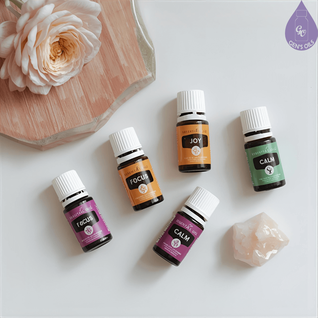 5 essential oil blends labelled “Joy,” “Focus,” “Calm,” with a flower & crystal nearby.