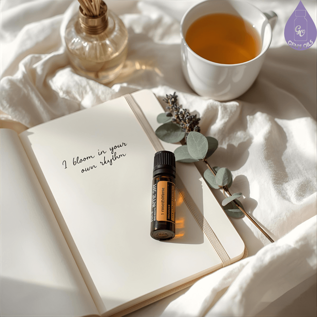 An essential oil roller blend on a journal next to a cup of tea.