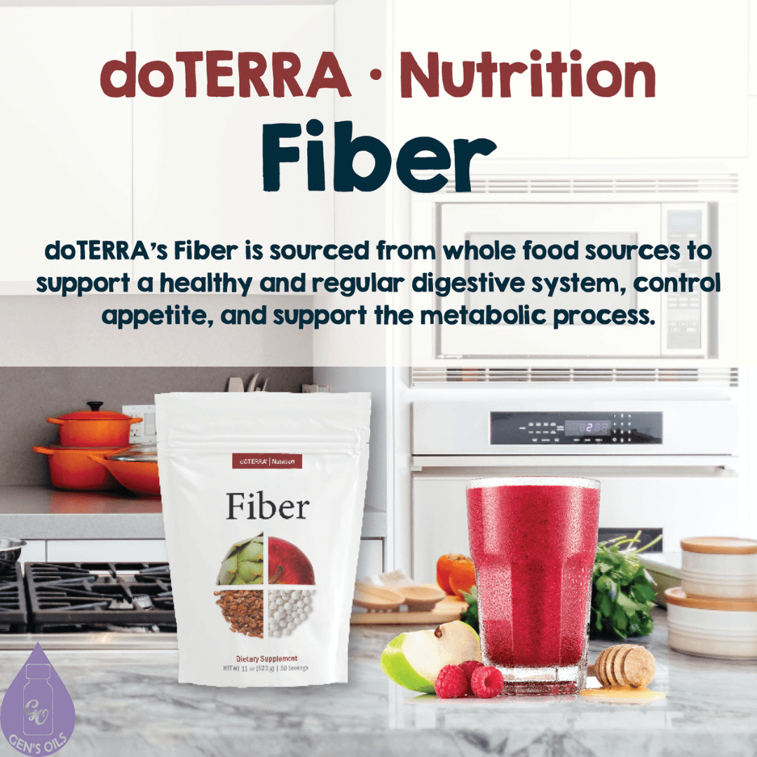A pack of doTERRA Fiber on a bench beside a smoothie & some fruit.