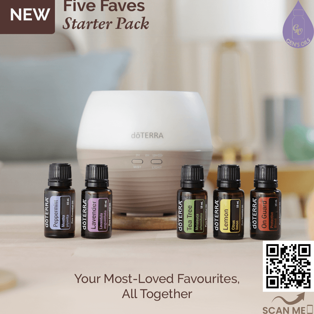 A doTERRA "Five Faves Starter Pack" includes a white diffuser and five small bottles of essential oils: Peppermint, Lavender, Tea Tree, Lemon, and On Guard.