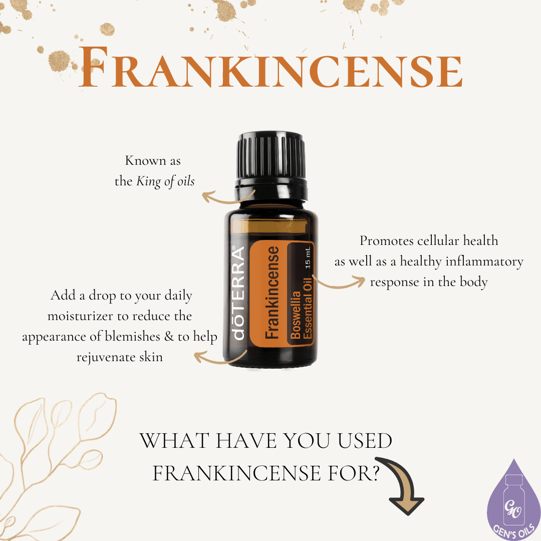 A bottle of Frankinsence oil surrounded by benefits.