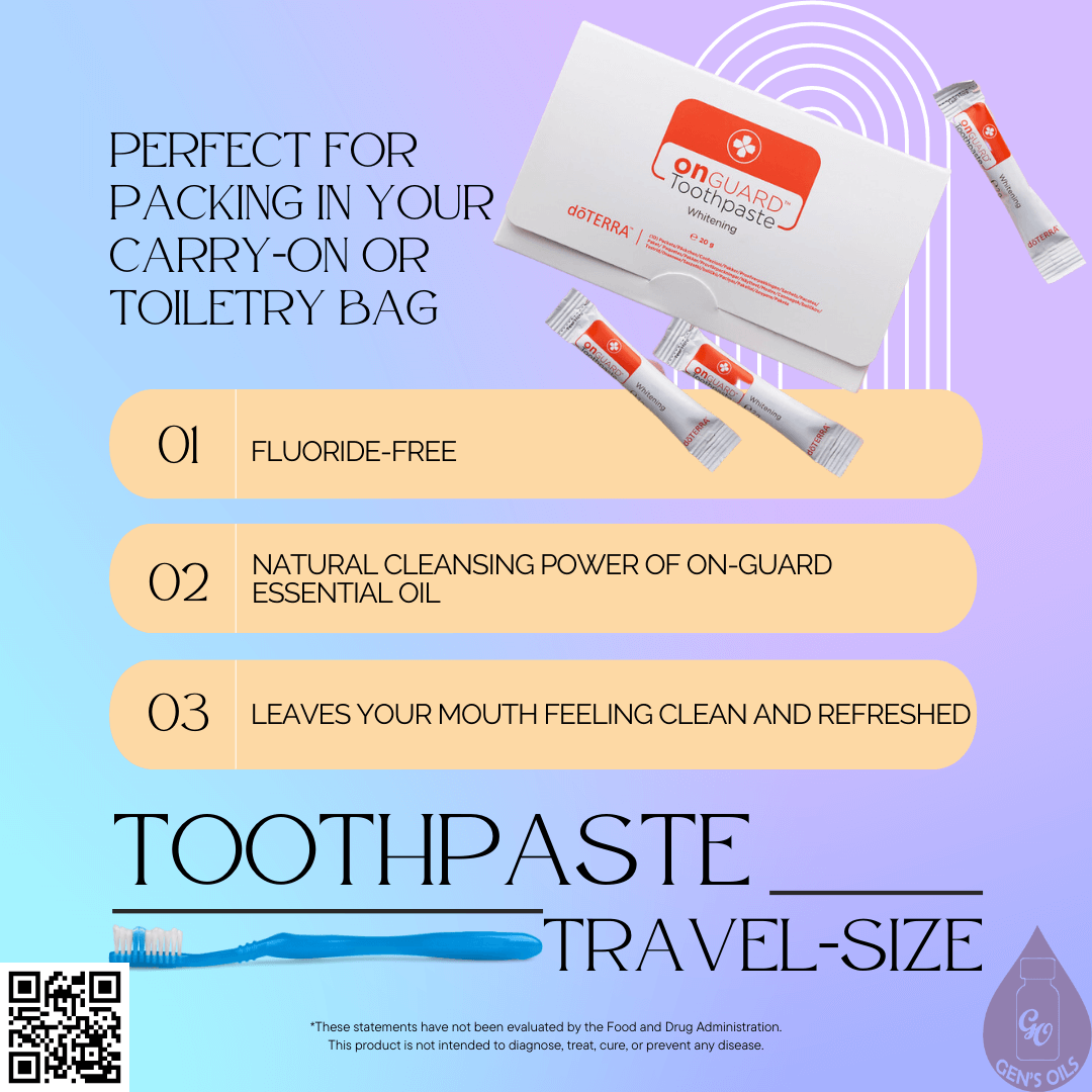 A packet of On Guard Toothpaste samples with a few scattered around. The QR code opens a link to purchase the & a tube of On Guard Toothpaste.