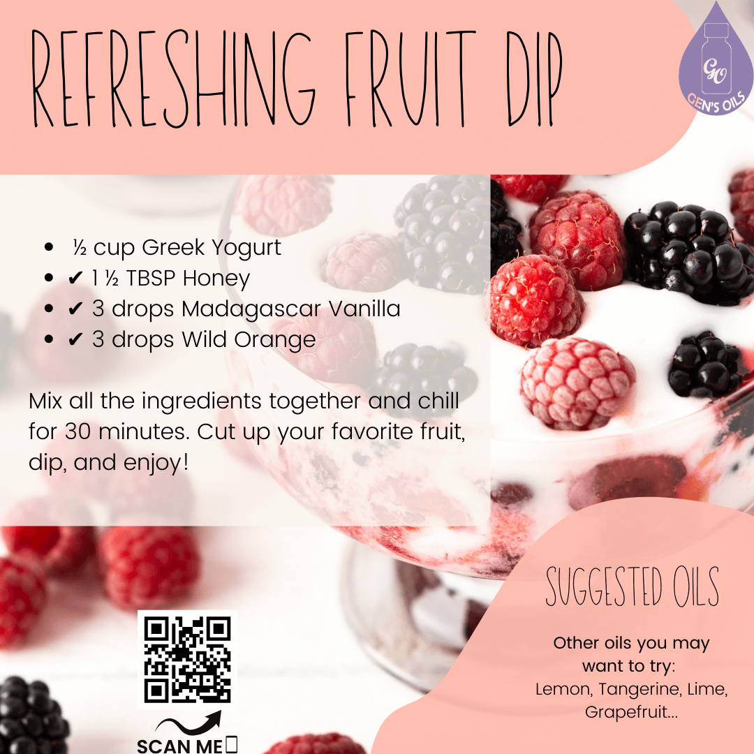Fruit dip recipe with an image of fruit mixed in. The QR code opens a link to purchase the oils used + some other suggetions.