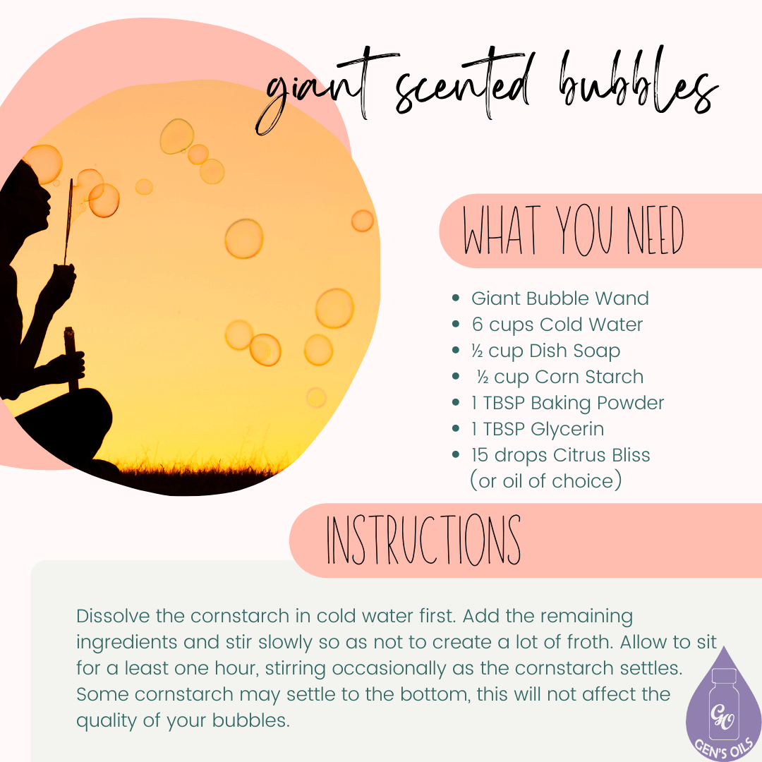 Giant Scented Bubble recipe with a picture of a child blowing giant bubbles.