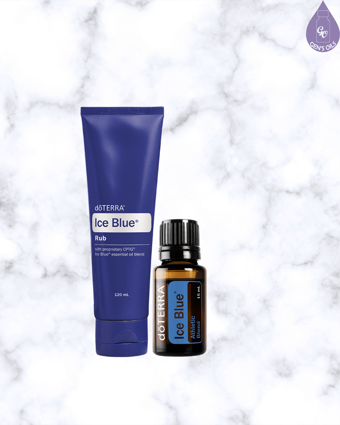 A tube of Ice Blue Rub & a bottle of Ice Blue Blend on a marble background.