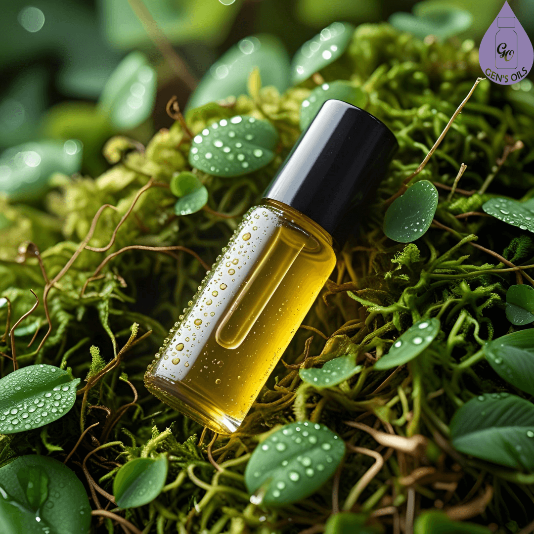 A bottle of essential oil sits on top of green moss