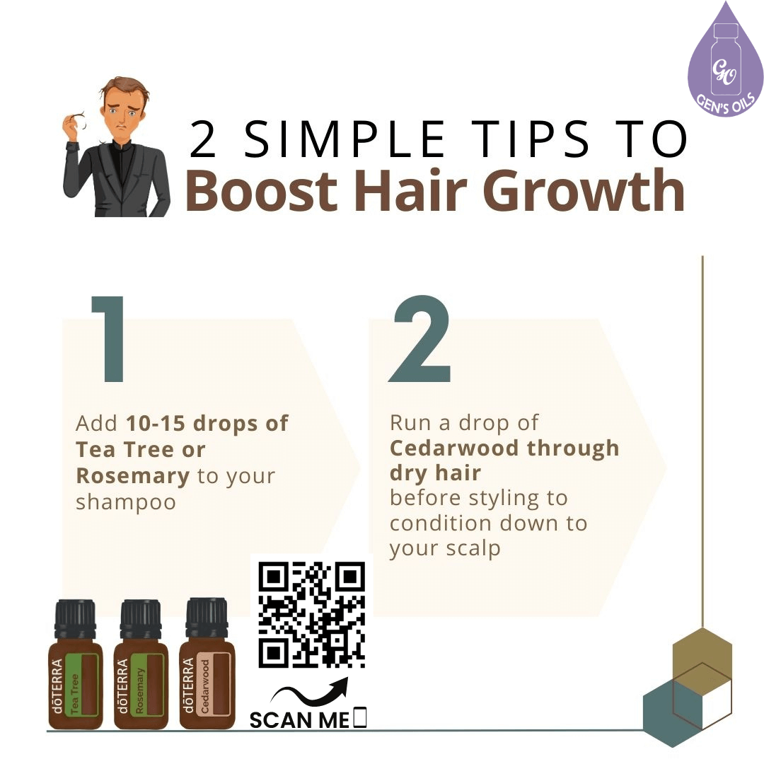 2 simple steps to boost hair growth. Scan the QR code to purchase the essential oils.
