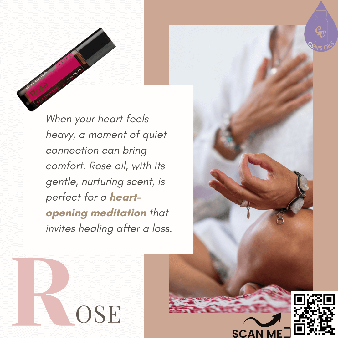 A bottle of Rose Touch essential oil with an image of 1 hand on the heard & the other open. The QR code opens a link to purchase Rose oil.