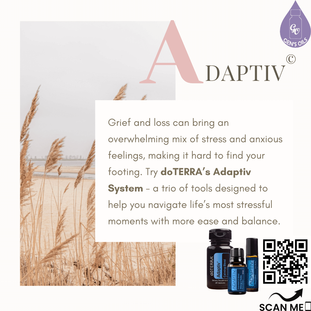Adaptiv System: Adaptiv Capsules, Adaptiv Touch & Adaptiv Oil 15mL. The QR code opens a link to purchase Adaptiv Touch & 15mL oil.