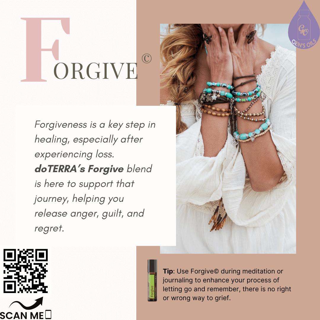 A woman hold her hands to her throat. Below is a bottle of Forgive Touch essential oil. The QR code opens a link to purchase Forgive.