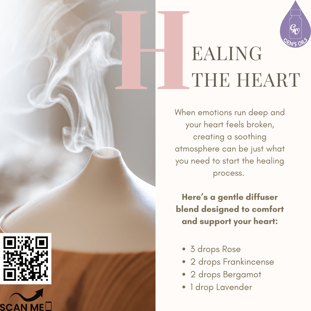 Healing the Heart blend in a diffuser. The QR code opens a link to purchase these oils.