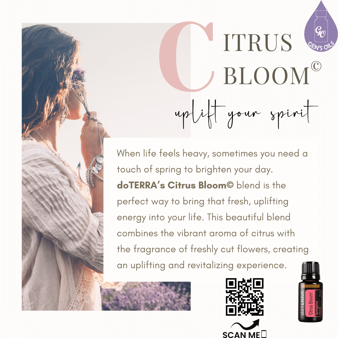 A person smelling a flower & a bottle of Citrus Bloom essential oil. The QR code opens a link to purchase Citrus Bloom..