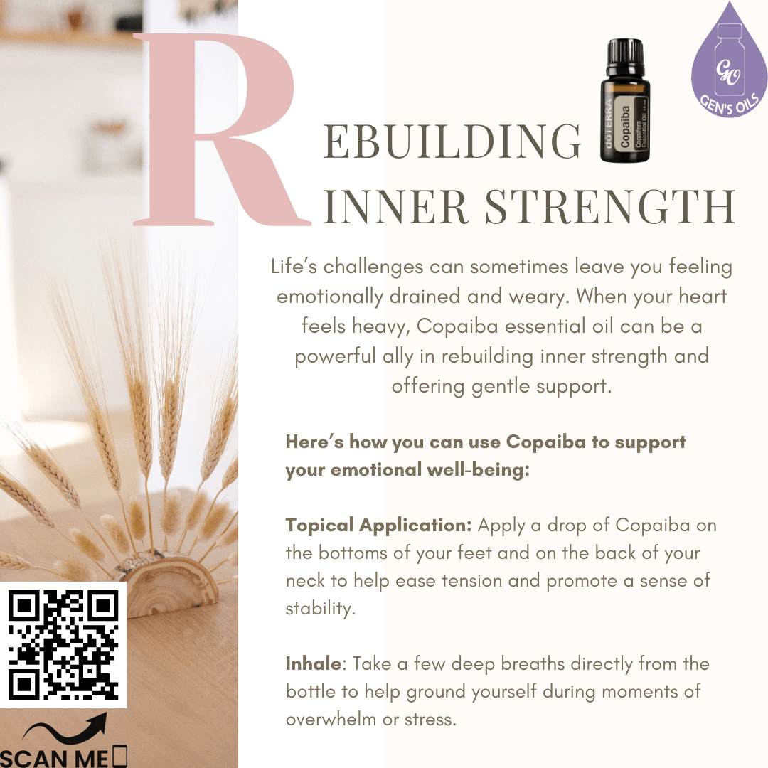A bottle of Copaiba essential oil. The QR code opens a link to purchase the complete Copaiba range. 