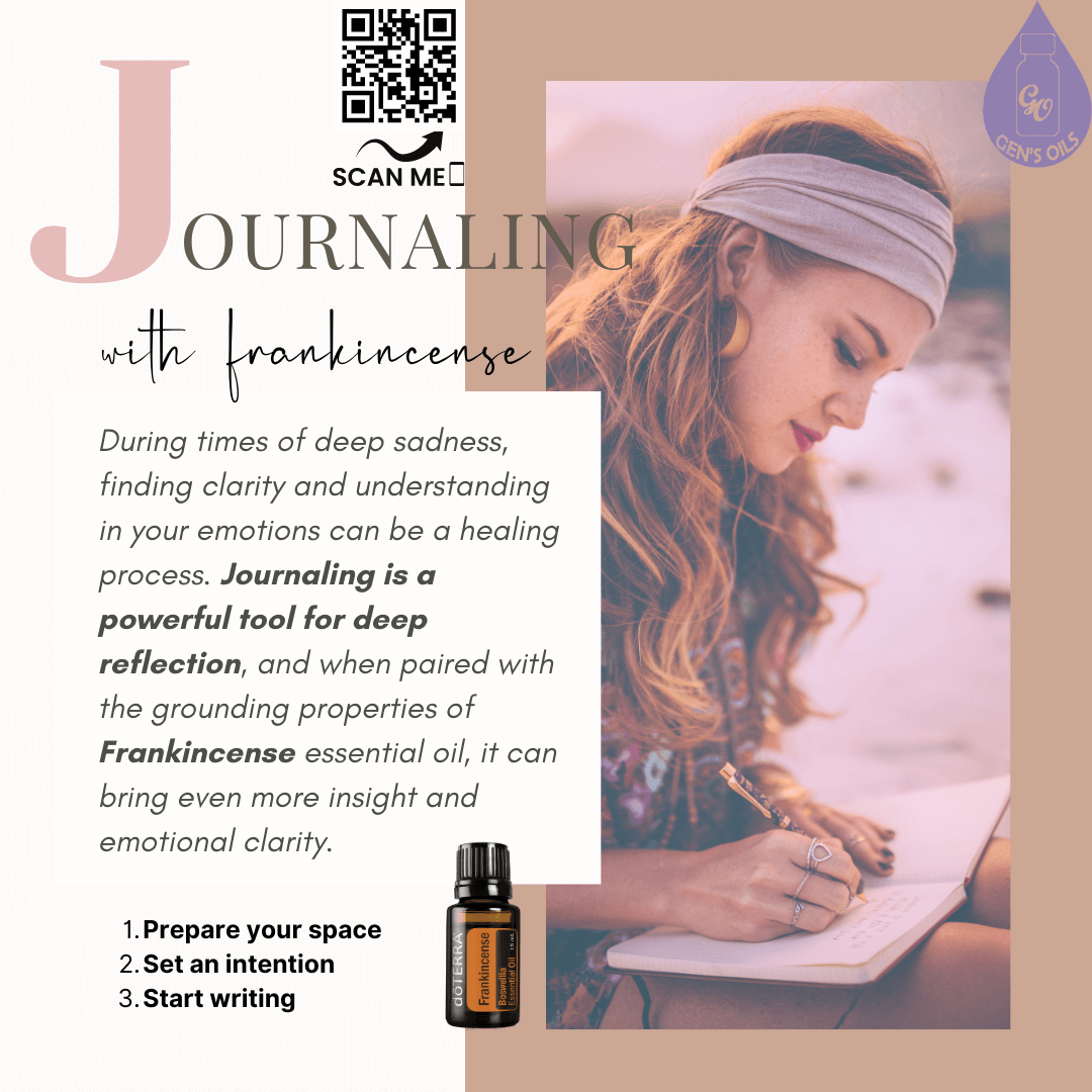 A woman sits journaling with a bottle of Frankincense oil beside her. The QR code opens a link to purchase Frankincense oil.