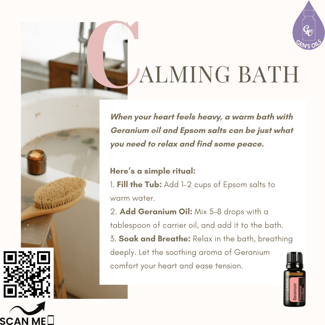 A full bath with a candle on the side & a bottle of Geranium essential oil. The QR code opens a link to purchase Geranium oil.