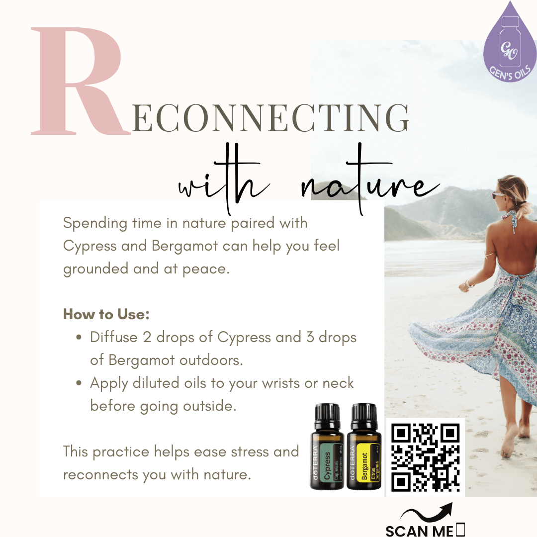 A woman walking on a beach & a bottle each of Cypress & Bergamot essential oils. The QR code opens a link to purchase these oils.