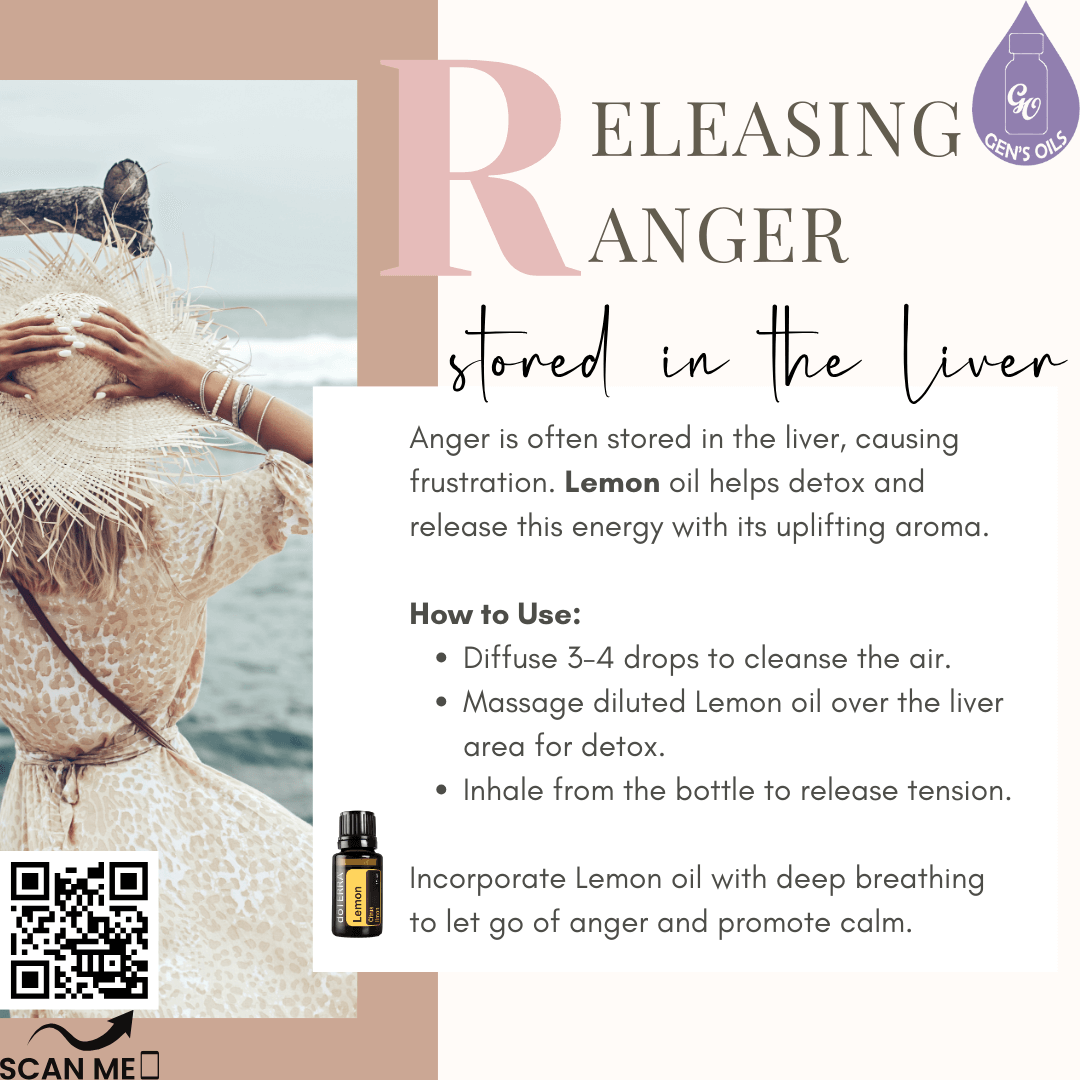 A woman with her hands behind her head, expressing frustration & a bottle of Lemon essential oil. The QR code opens a link to purchase this oil.