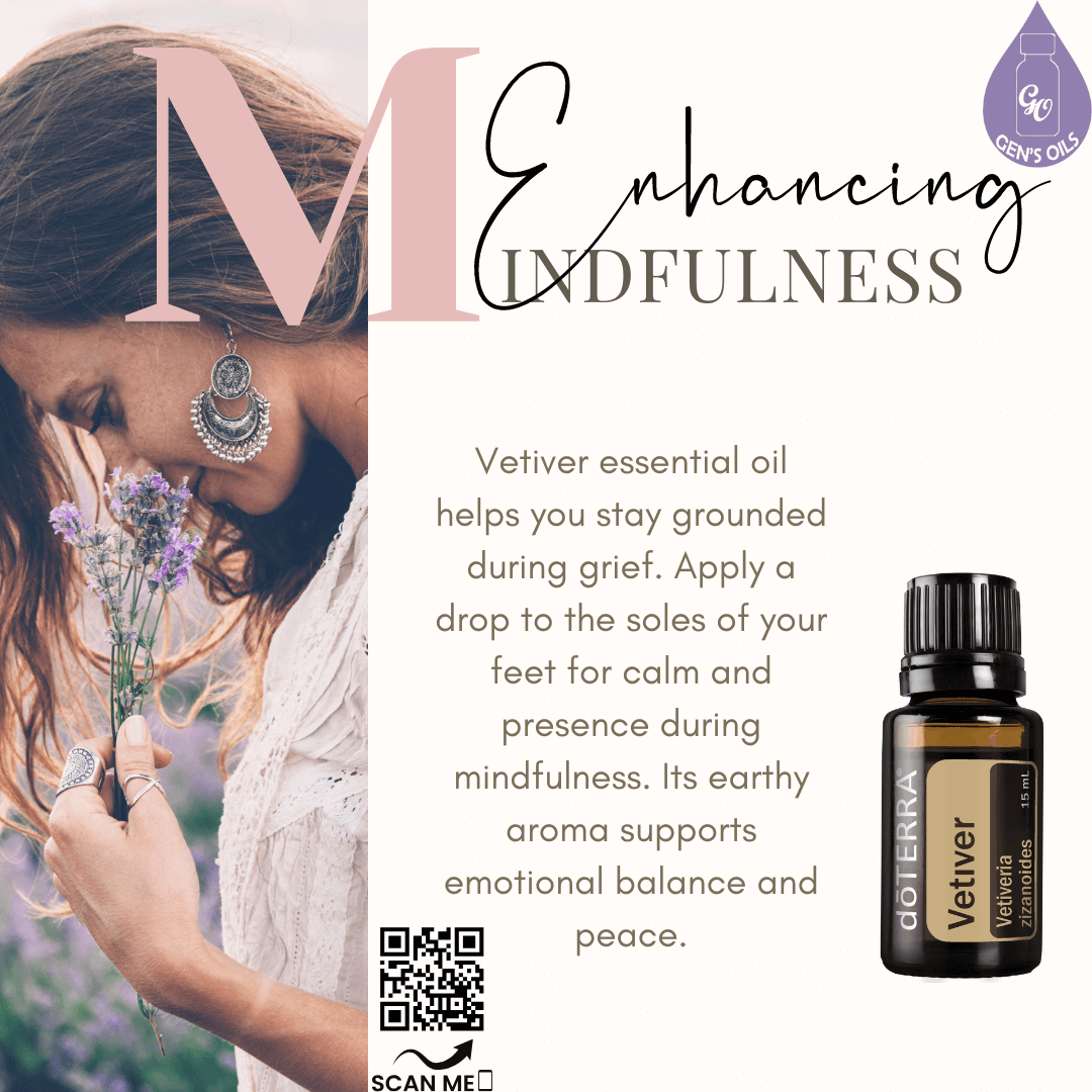 A woman smelling a posy, & a bottle of Vetiver essential oil. The QR code opens a link to purchase this oil.