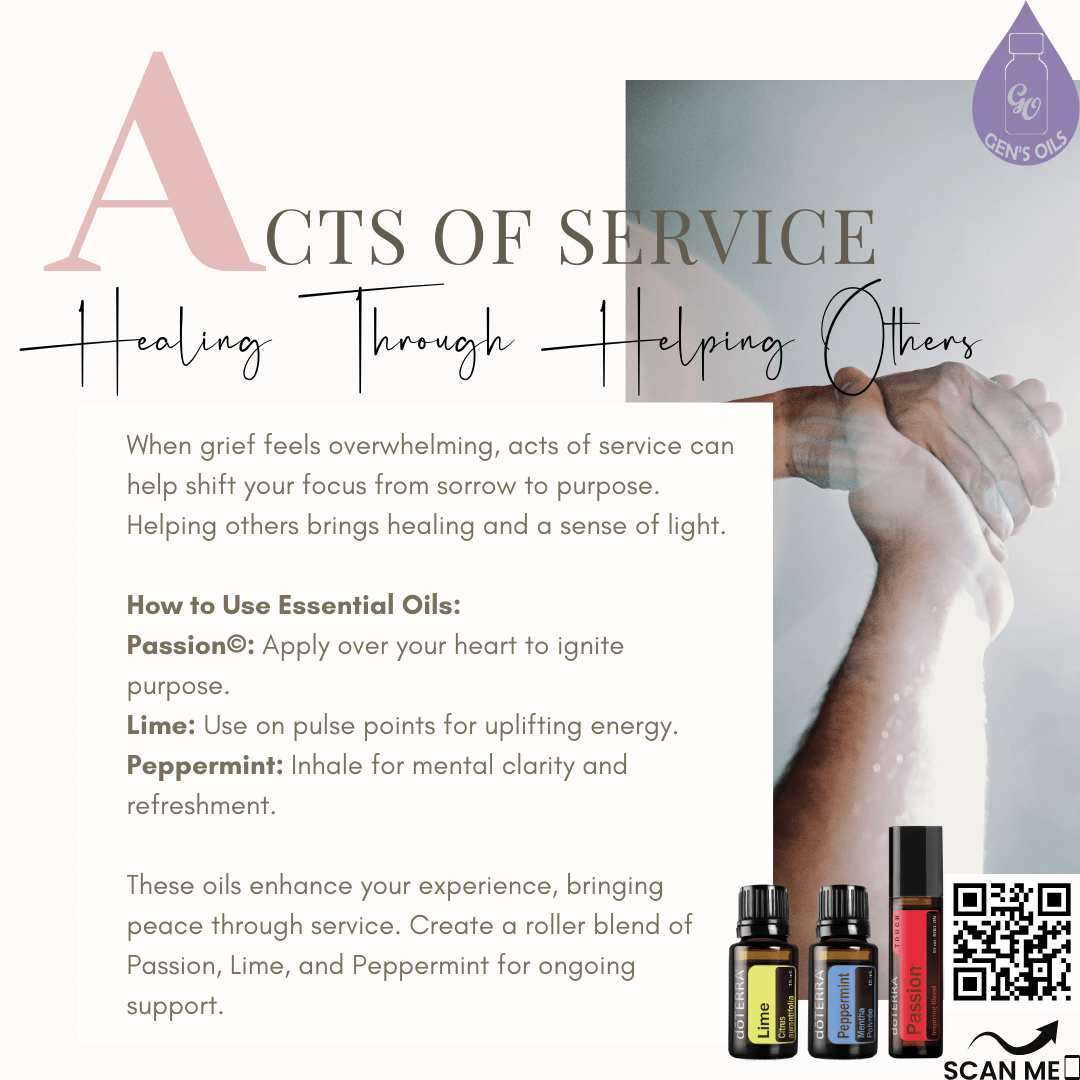 A person rubbing essential oil on their pulse points. Bottles of Lime, Peppermint & Passion oils. The QR code opens a link to purchase these oils.