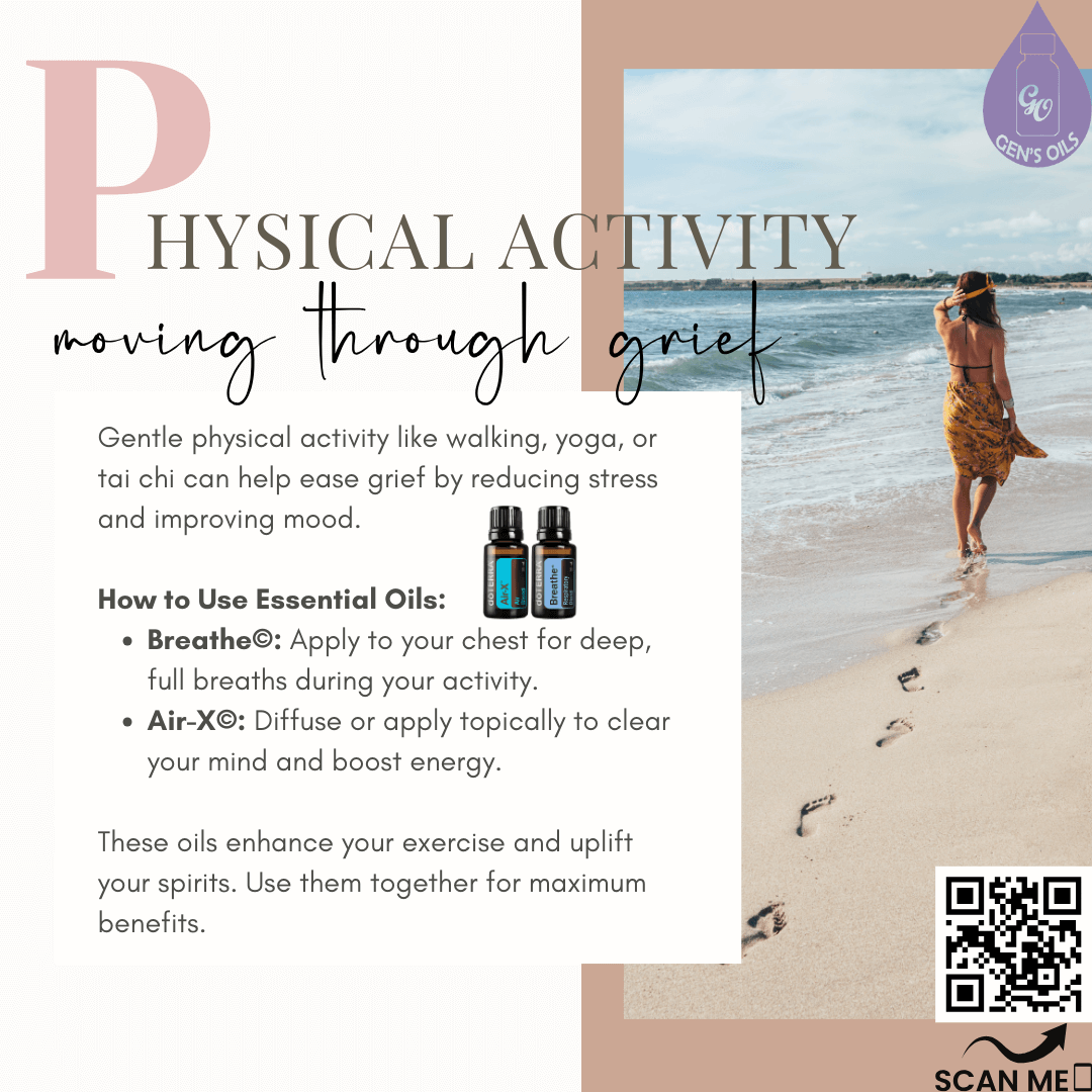 A woman walking along a beach. Bottles of Breathe & Air-X essential oils. The QR code opens a link to purchase Easy Air & Clearify oils, the NZ equivalent.