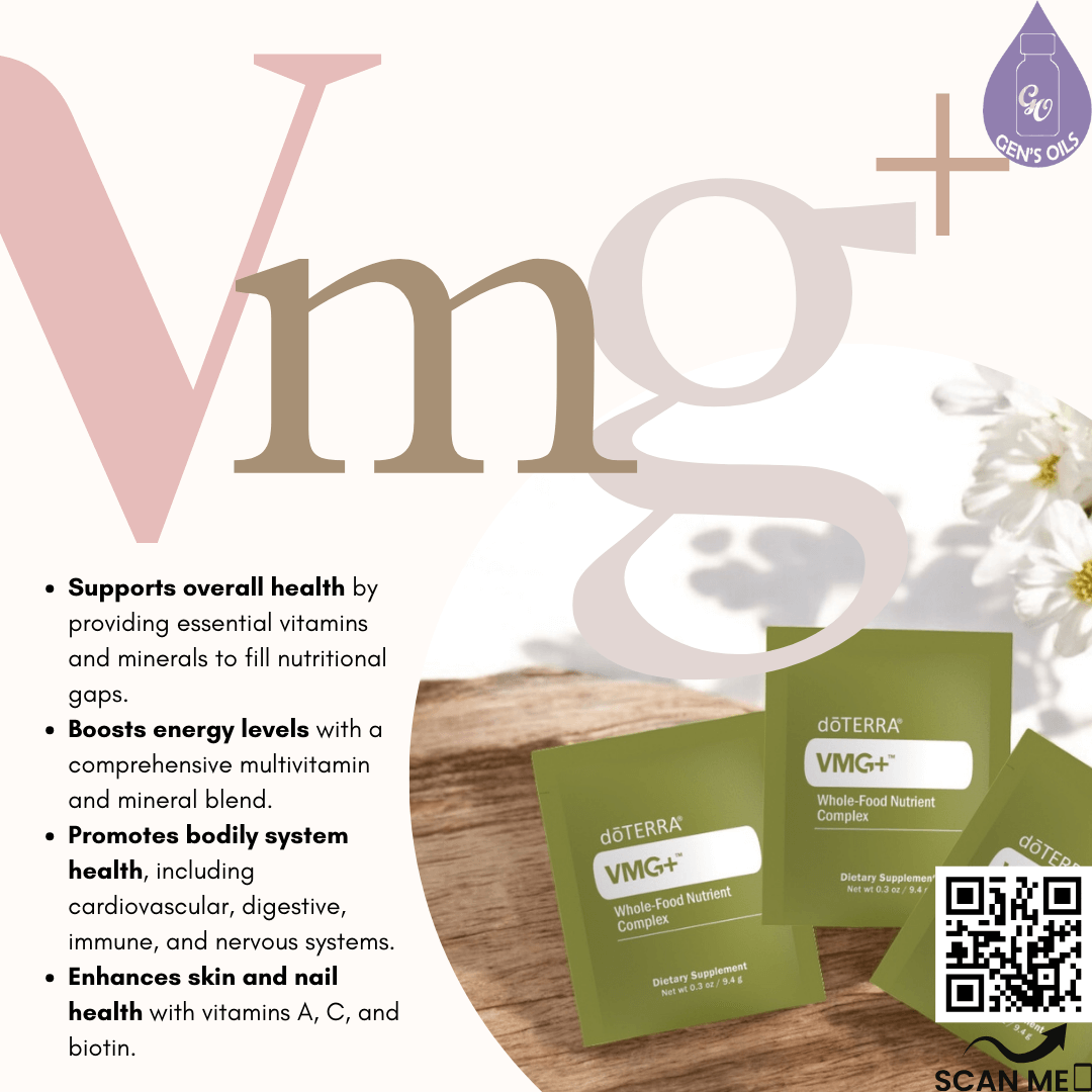 Packets of VMG+. The QR code opens a link to purchase the Lifelong Vitality Supplements, AUNZ equivalent.