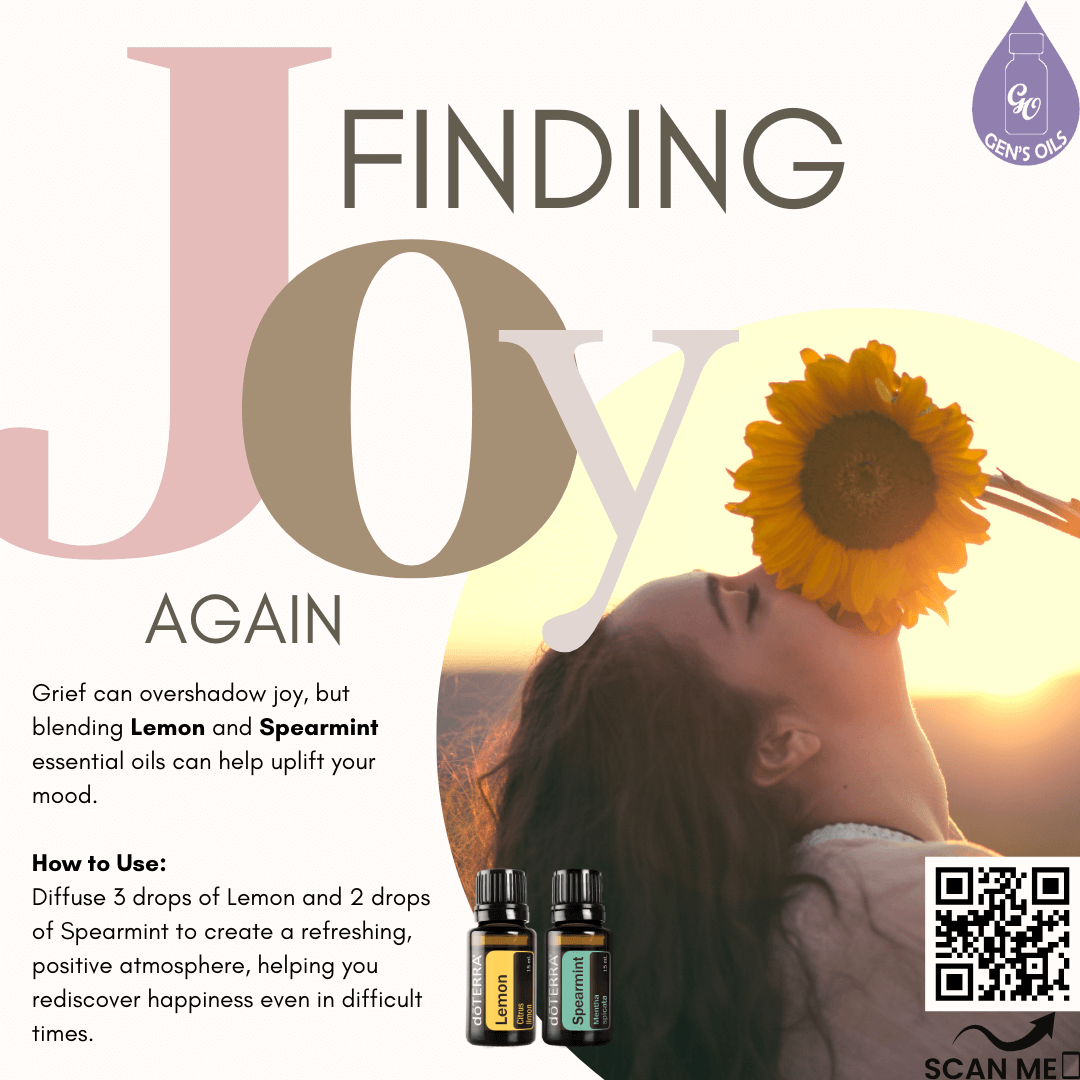 A woman with her face berried in a sunflower, & a bottle each of Lemon & Spearmint essential oils. The QR code opens a link to purchase these oils.