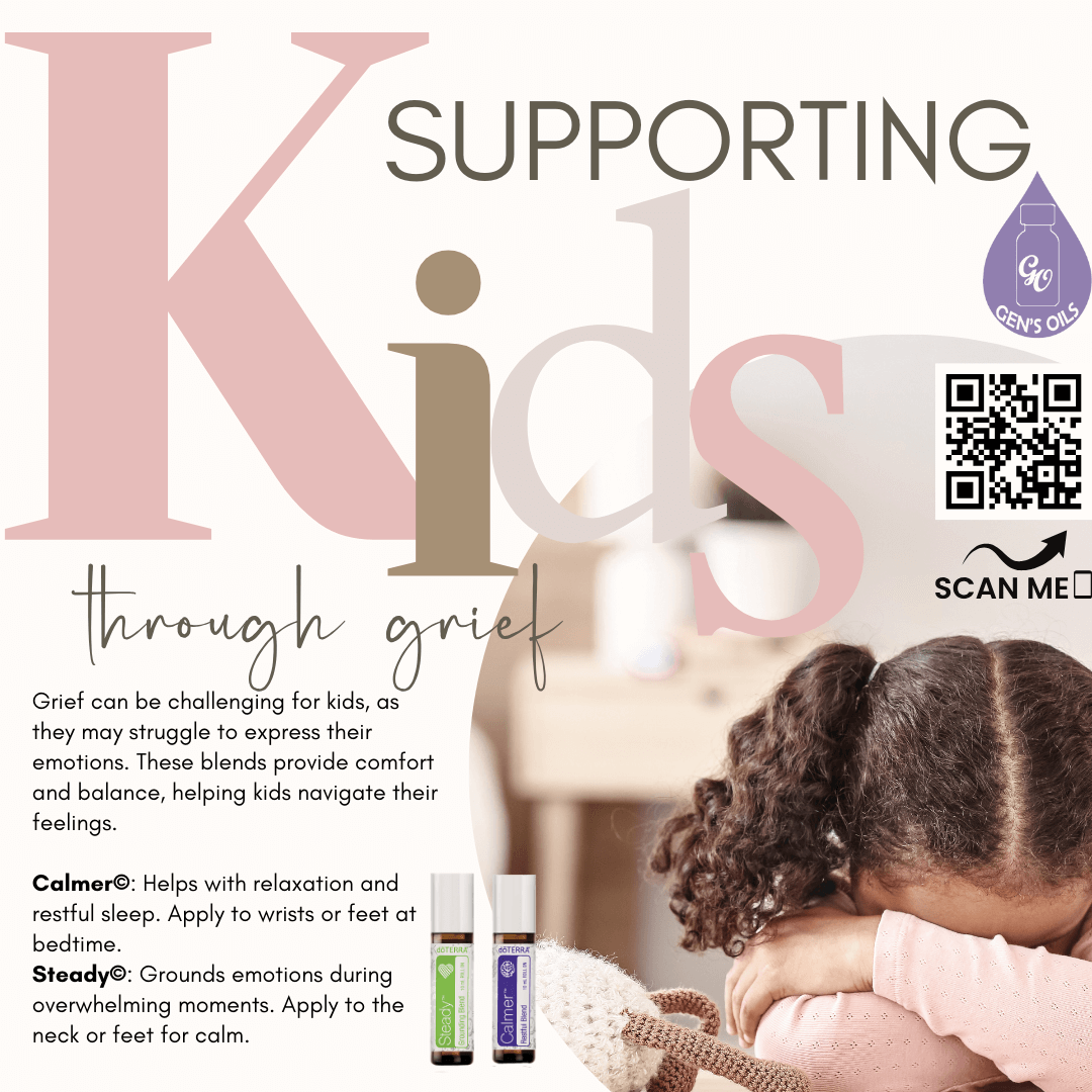 A child grieving with a bottle of Calmer & Steady essential oils beside her. The QR code opens a link to purchase these oils.