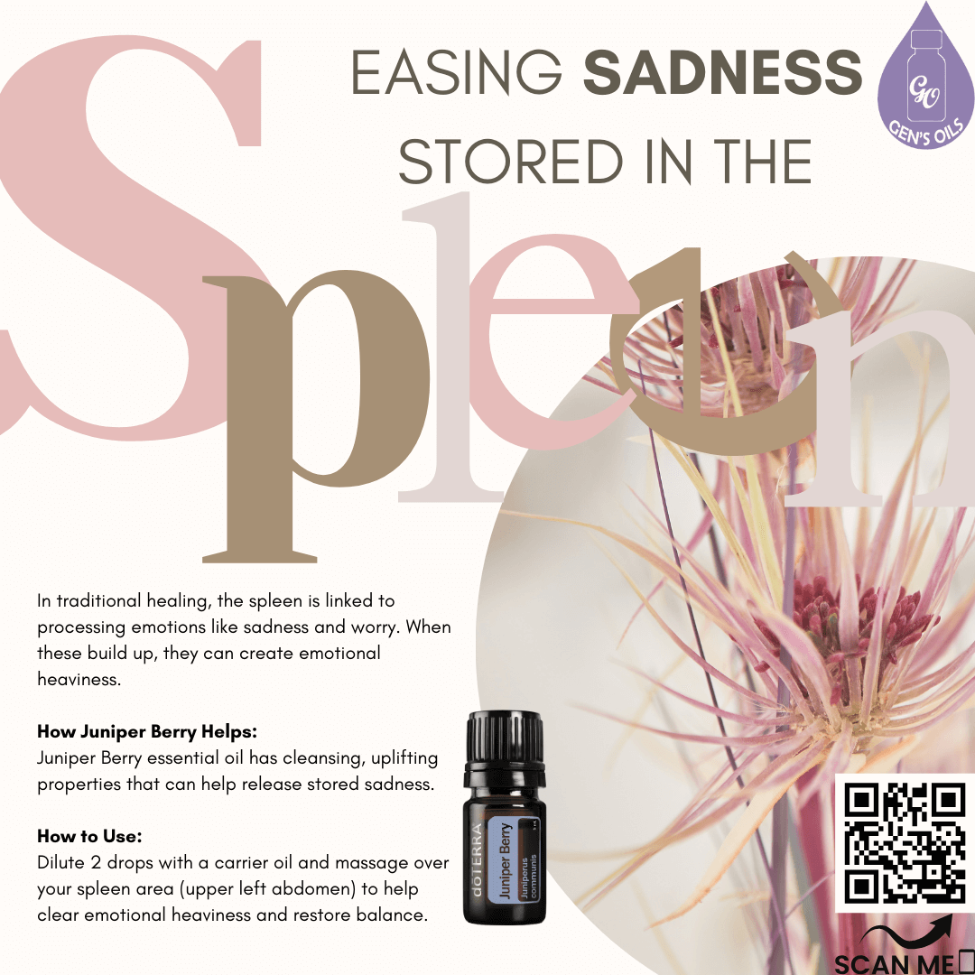 A vase of flowers with a bottle of Juniper Berry essential oil. The QR code opens a link to purchase this oil.