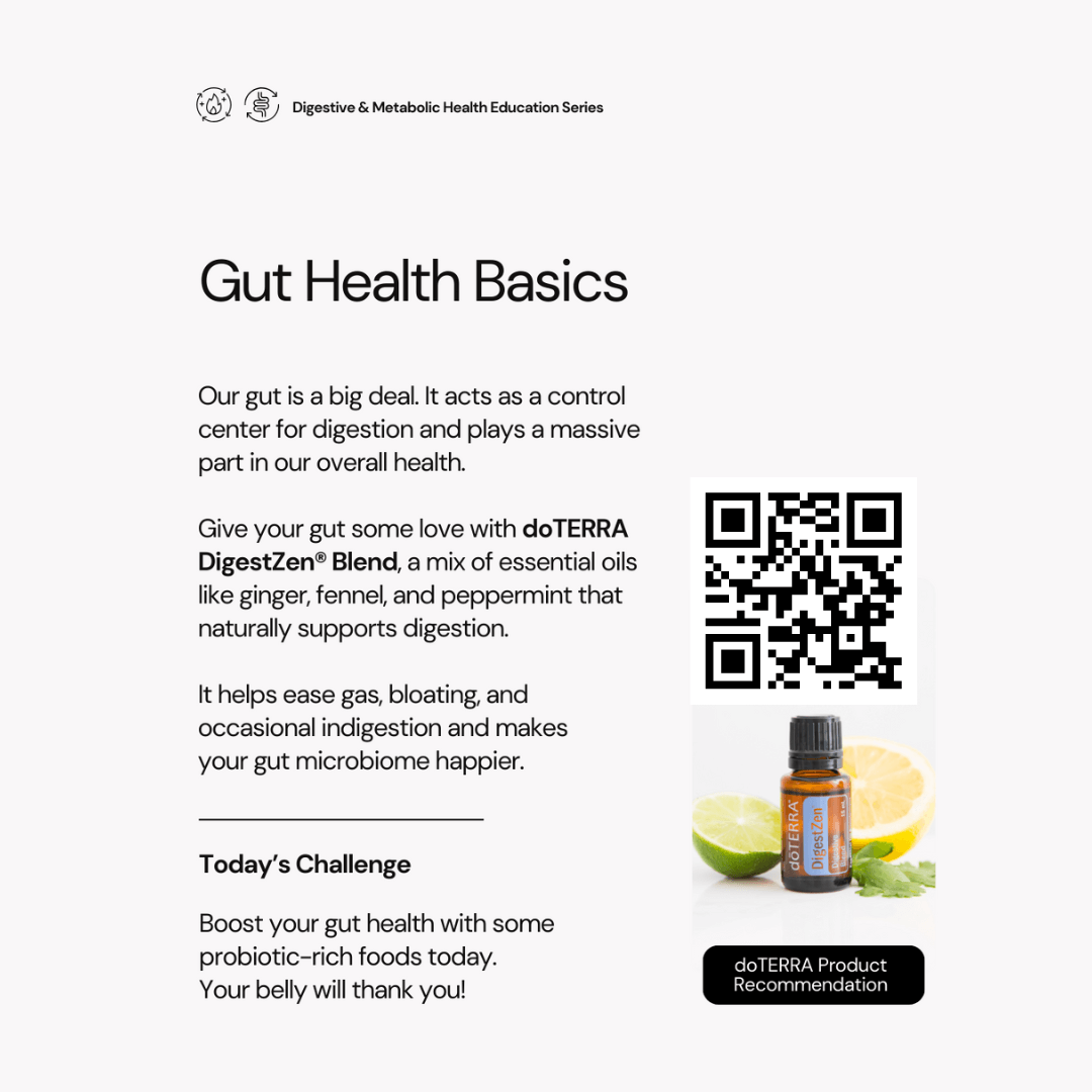 Gut Health Basics, with a bottle of ZenGest. The bar code opens a link to purchase Gut Health products.