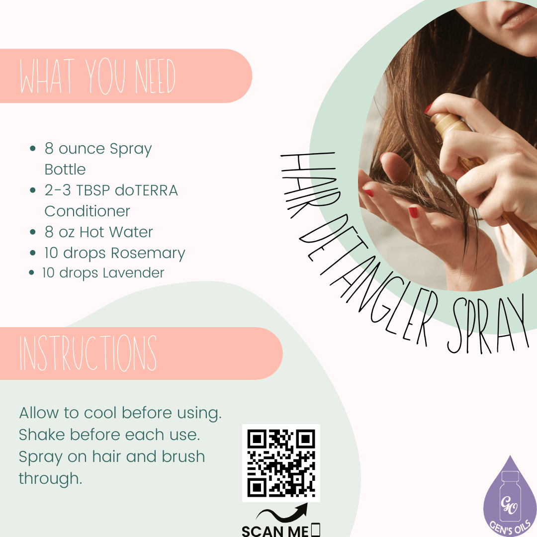Hair Detangler Spray recipe with an image of it being sprayed on long hair. The QR code opens a link to purchase the condition & essential oils.