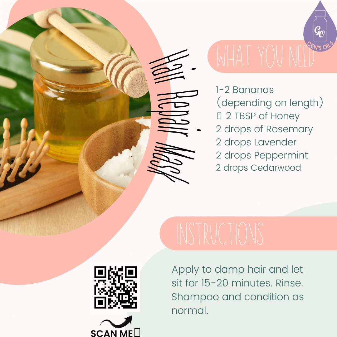 Hair Repair Mask recipe with an image of the ingredients used. The QR code opens a link to purchase the essential oils.