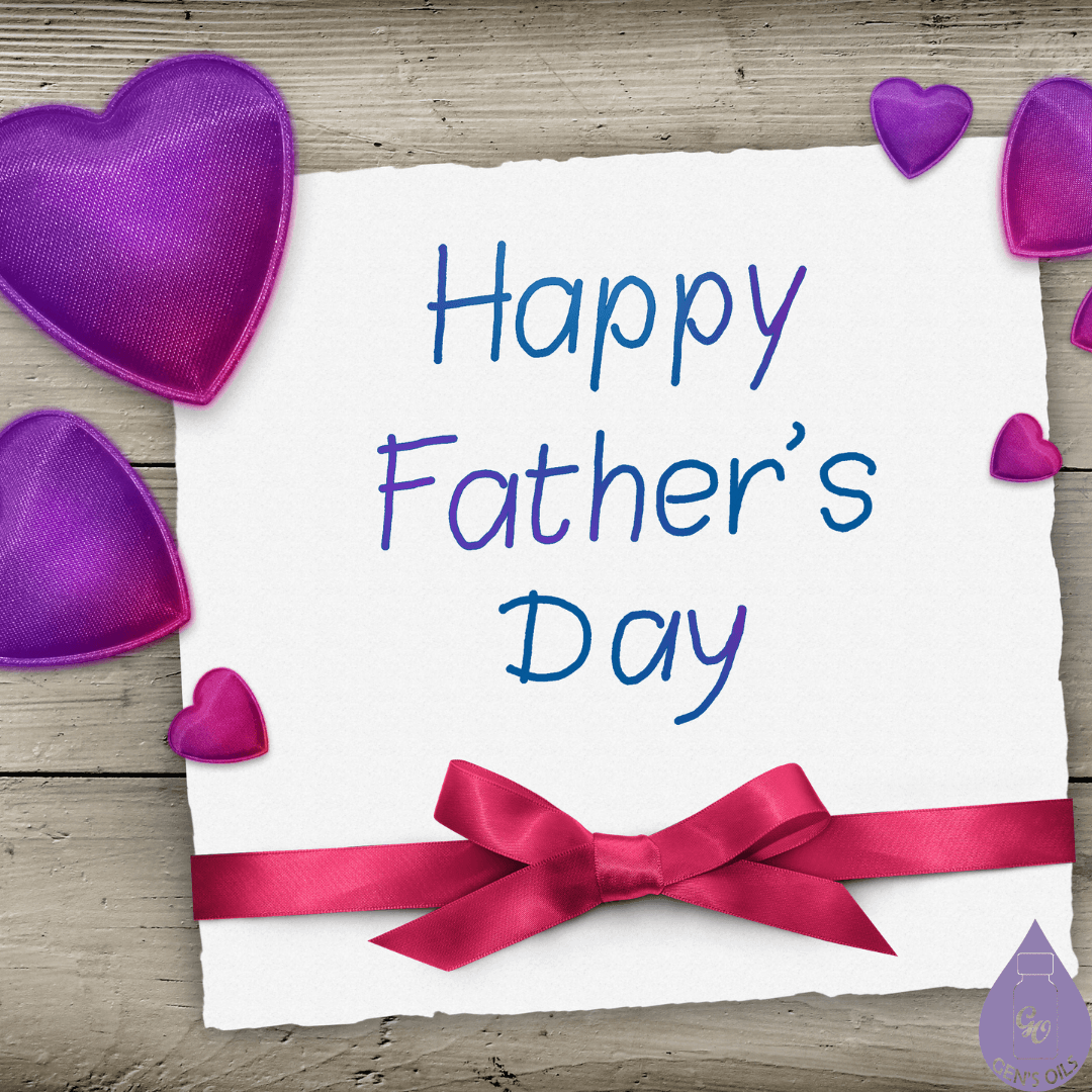 Happy Father's Day card with purple hearts on a wooden background.