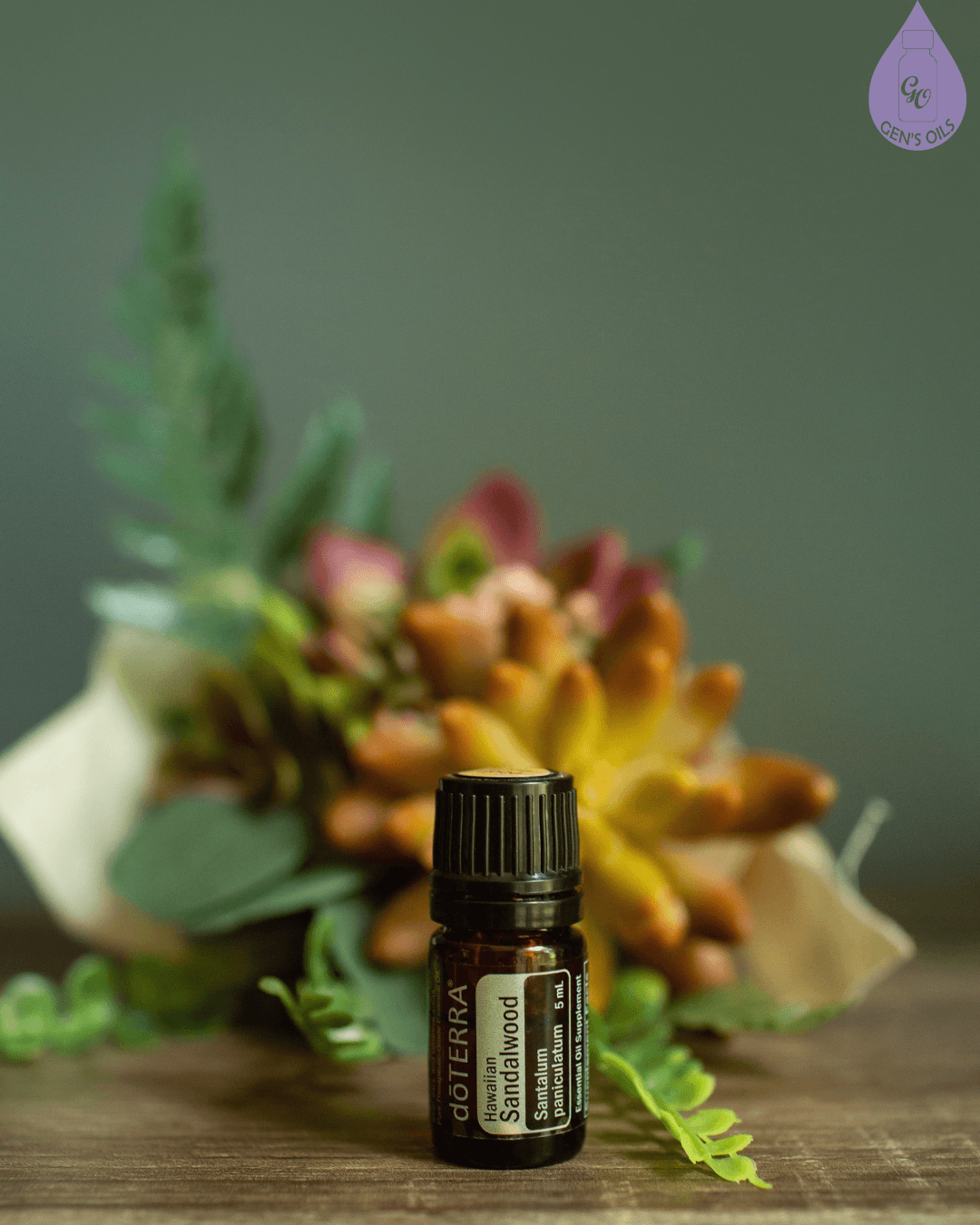 A small brown bottle of doTERRA Hawaiian Sandalwood essential oil sits on a wooden surface in front of a blurred arrangement of succulents and greenery.