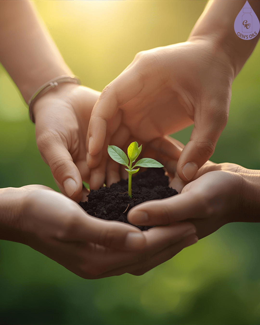 Hands holding a plant in soil.