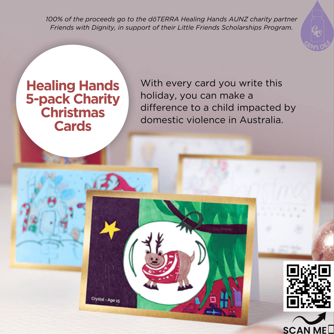 Healing Hands 5-Pack Charity Christmas cards. The QR code on the image opens a link to purchase this pack.