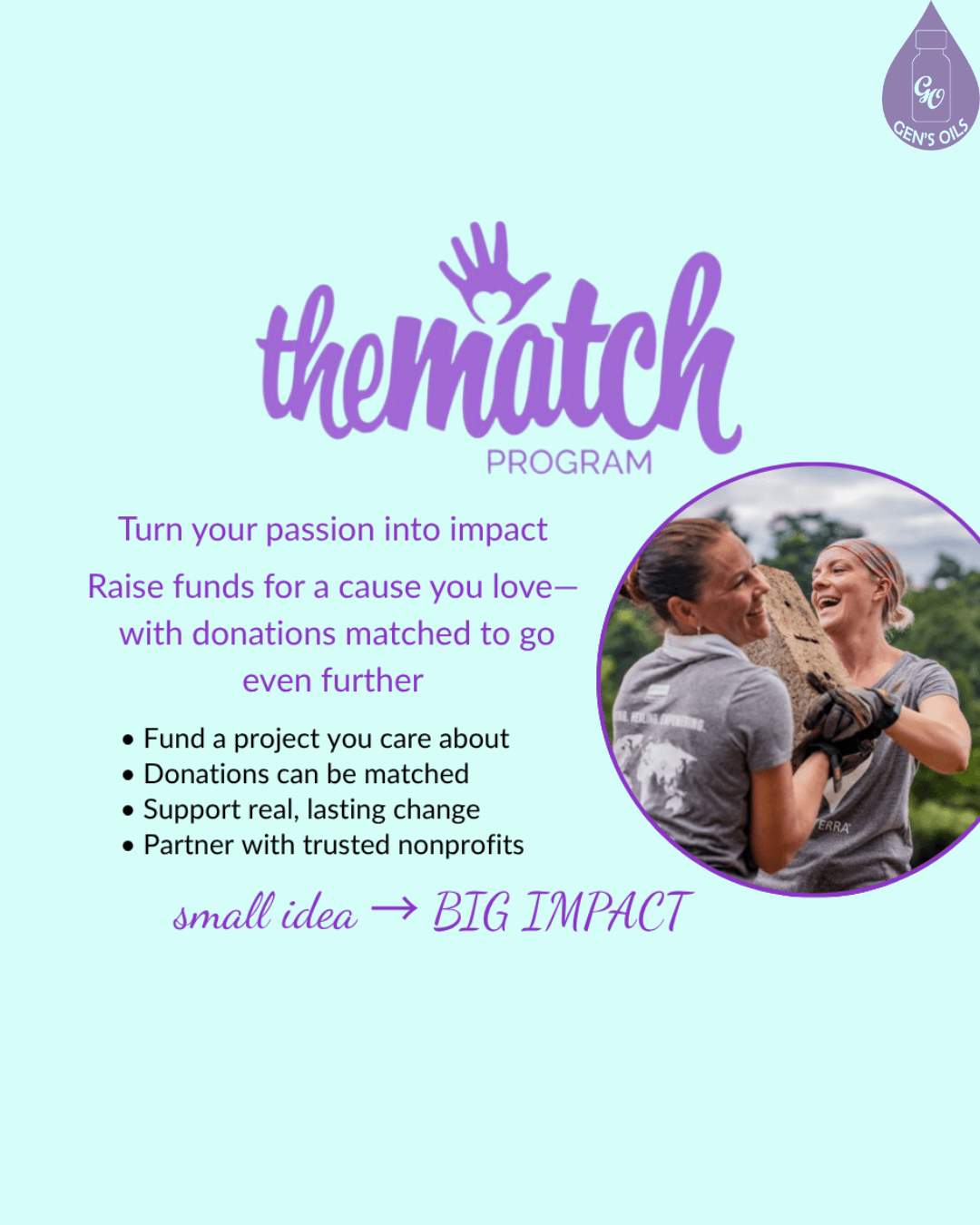 The Match Program logo with text "Turn your passion into impact. Raise funds for a cause you love—with donations matched to go even further." and a circular image of two people carrying wood.