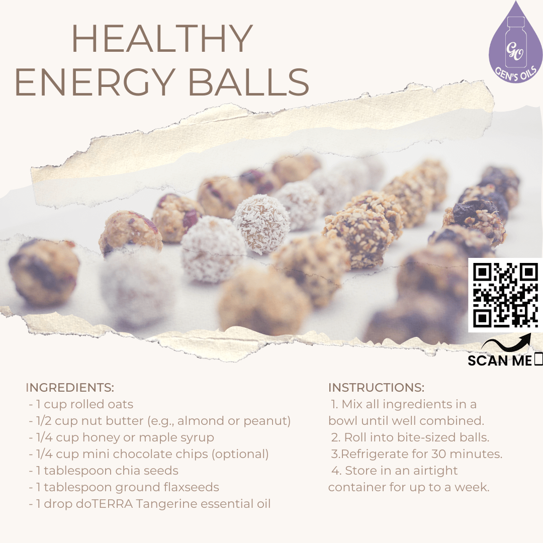 Healthy Energy Balls recipe. The QR code opens a link to purchase Tangerine essential oil.