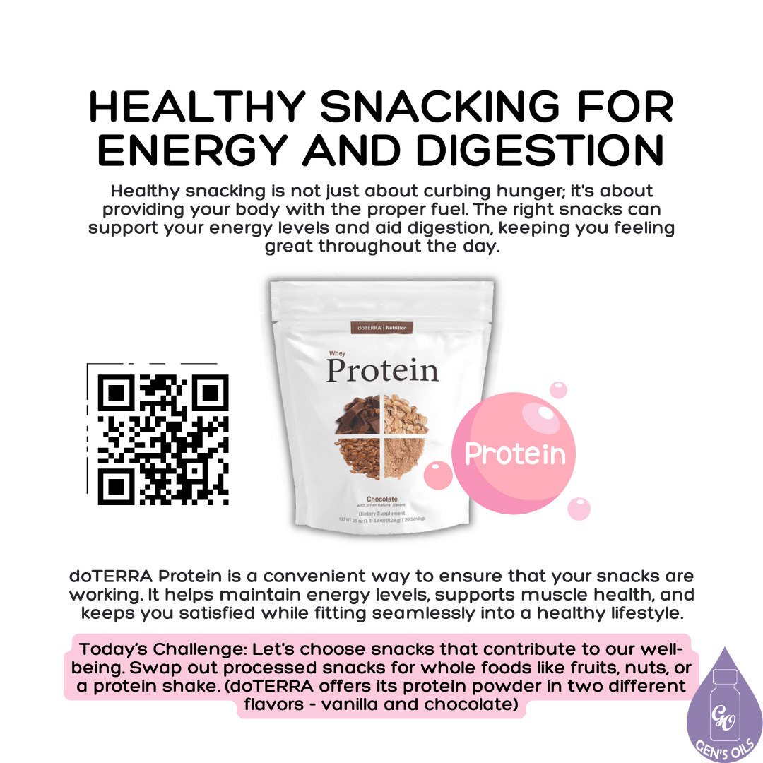 Healthy Snacking for Energy & Digestion with a packet of Chocolate Protein Powder. The QR code opens a link to purchase Chocolate Protein powder.