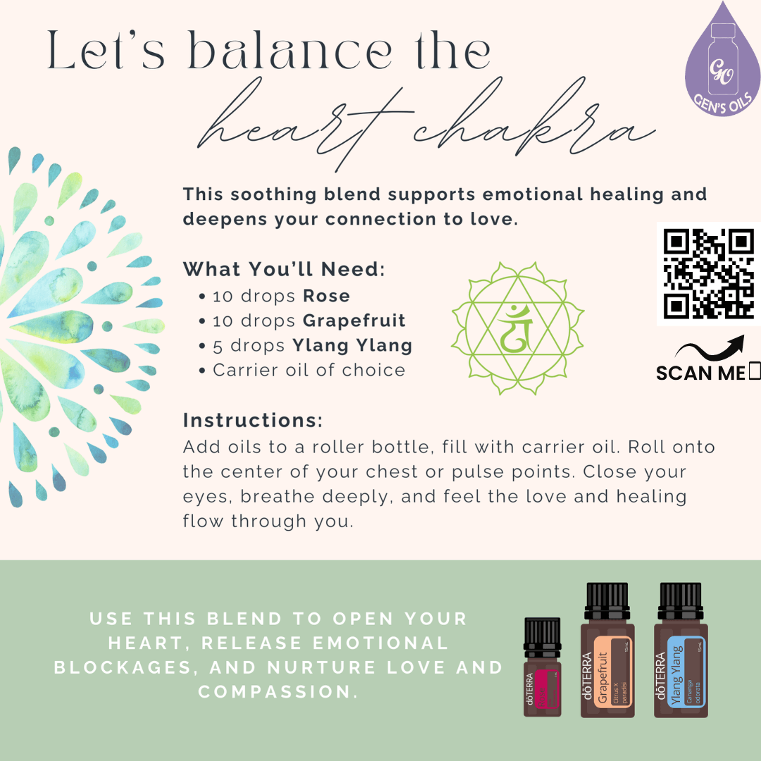 Heart Chakra Healing Roller Blend. The QR code opens a link to purchase Grapefruit & Ylang Ylang essential oils. Rose is out of stock at the time of writing this post.