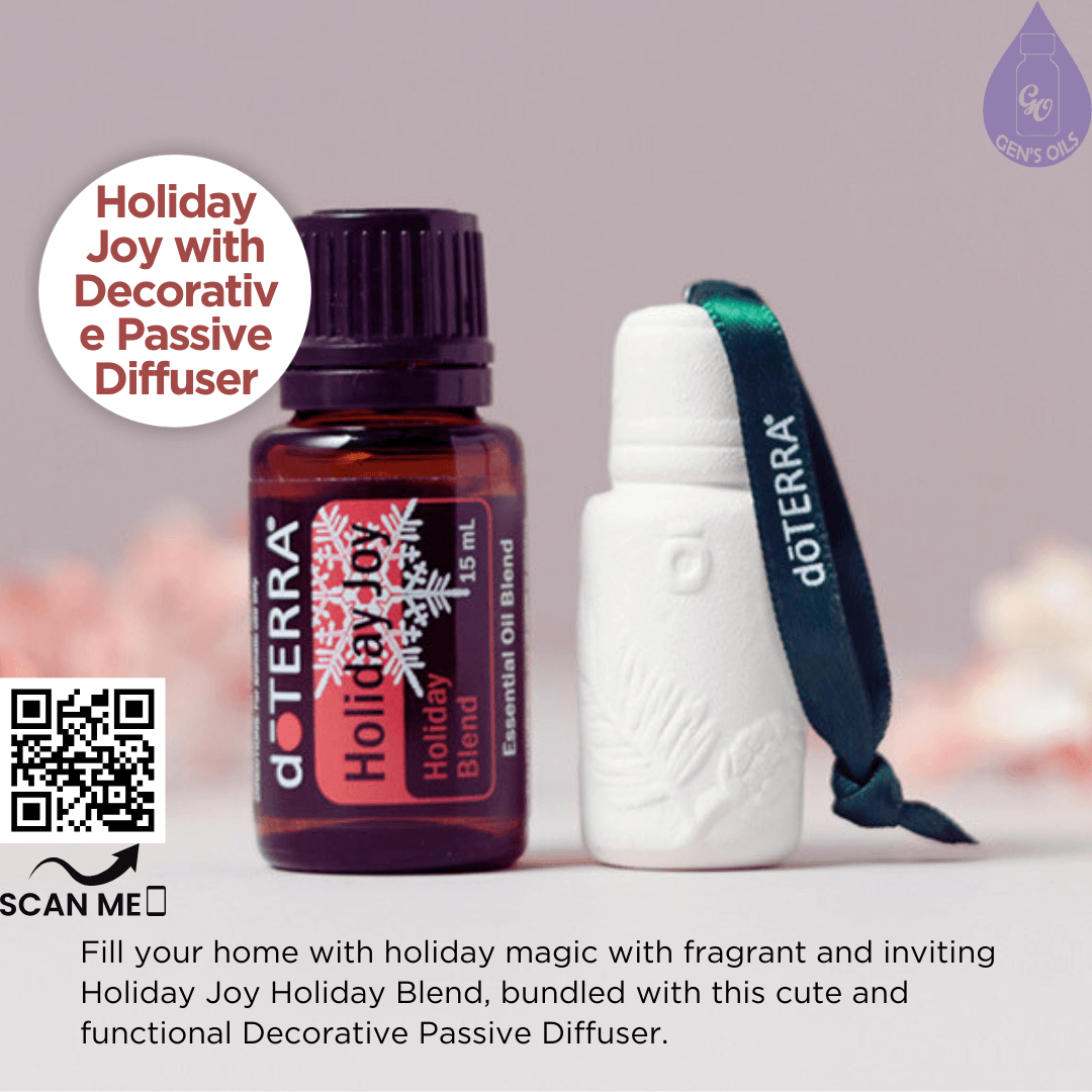A bottle of Holiday joy essential oil beside a decorative passive diffuser.