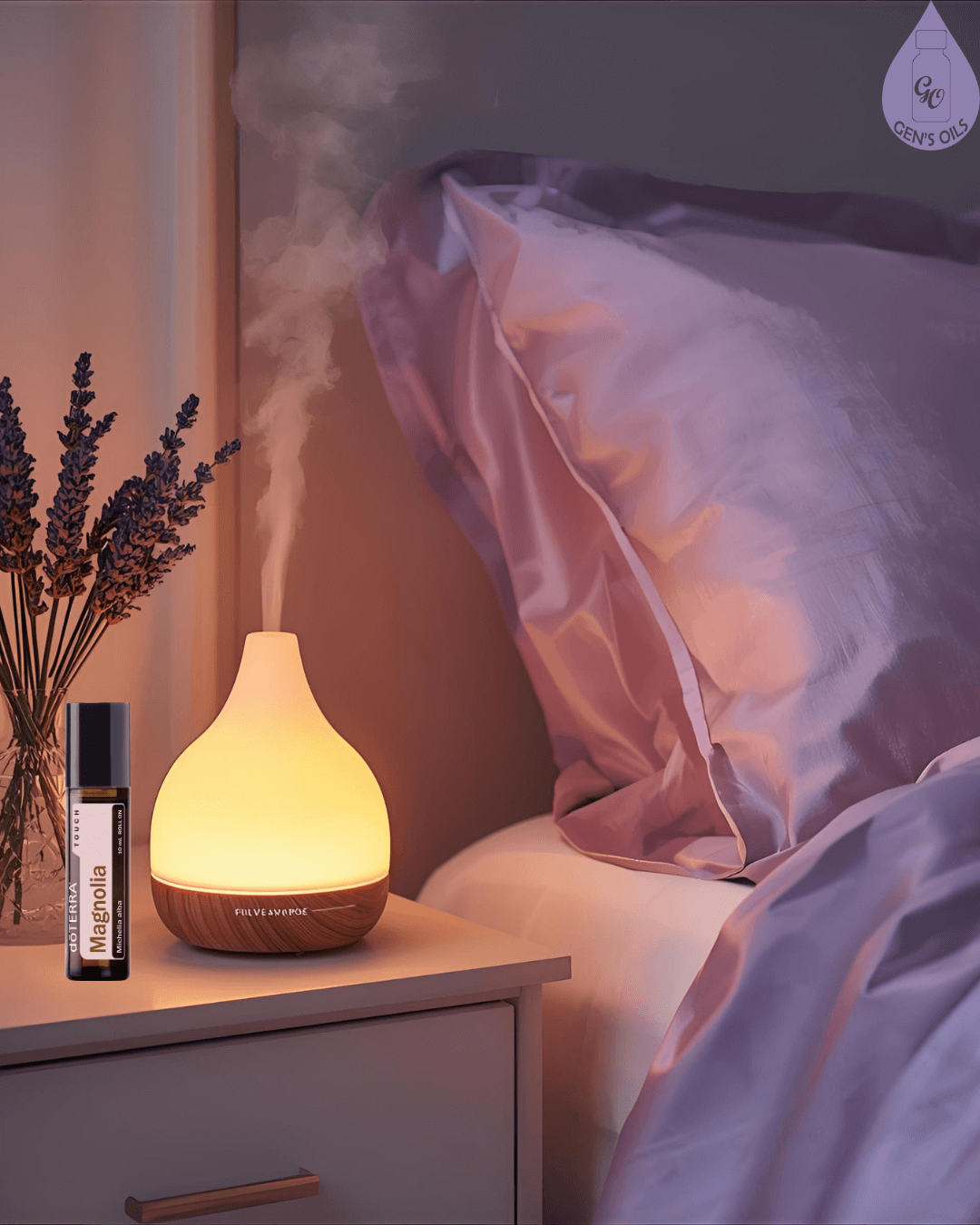 A diffuser glowing softly on a bedside table with Magnolia Touch nearby.