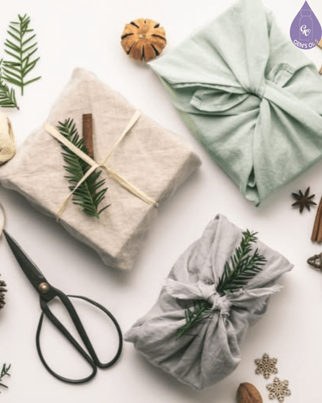 Gifts wrapped in brown paper or fabric + twine with rosemary sprigs.