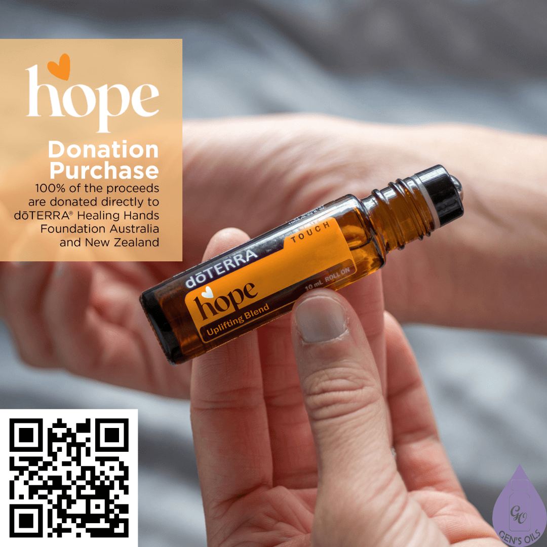 A hand holding a bottle of Hope Touch essential oi. The caption reads 'Hope Donation Purchase'. The QR code opens a link to purchase Hope oil